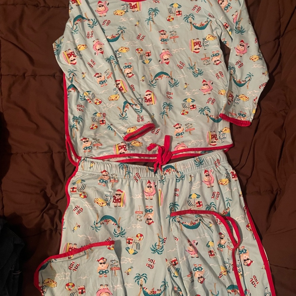 Women's Christmas Tropical Print Pajama Set - Light Blue and Red